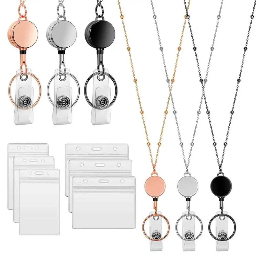 Cordão de carretel retrátil longo com porta-cartões de identificação, crachá com colar, material de escritório, criativo