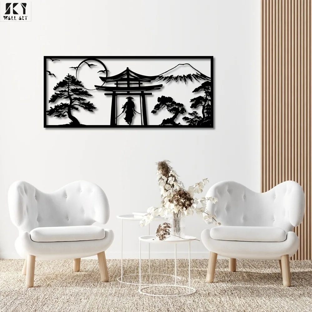 CIFBUY Samurai Iron Wall Art Metal Japanese Torii Mount Fuji Bonsai Sculpture Decor for Living Room Bedroom Home Hanging Gift