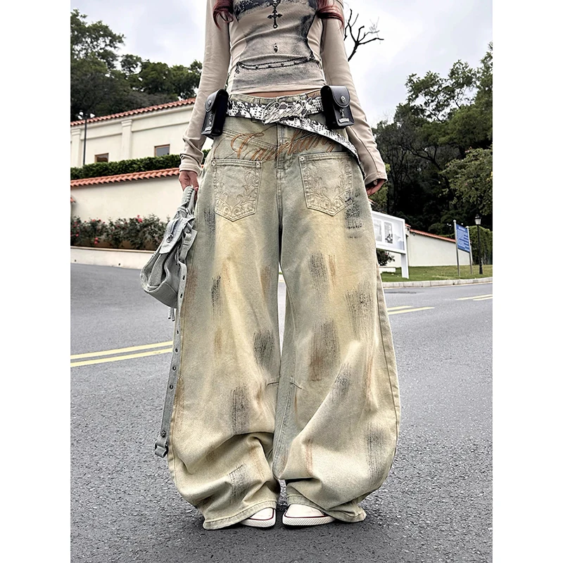 YIBASHU Summer Women Blue Gothic Y2k Jeans American Style Vintage Oversize Embroidery Jean Pants Harajuku Baggy Denim Trousers