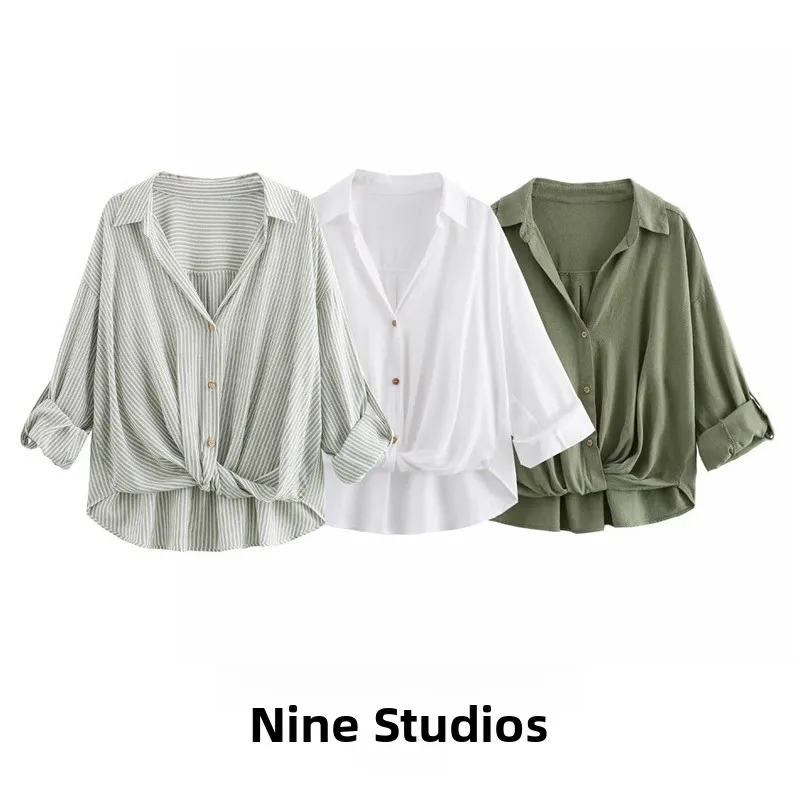 

Женская повседневная льняная рубашка NINE ZAR свободного кроя с длинными рукавами, манжетами и декоративным узлом, однотонная, с V-образным вырезом, стандартный крой