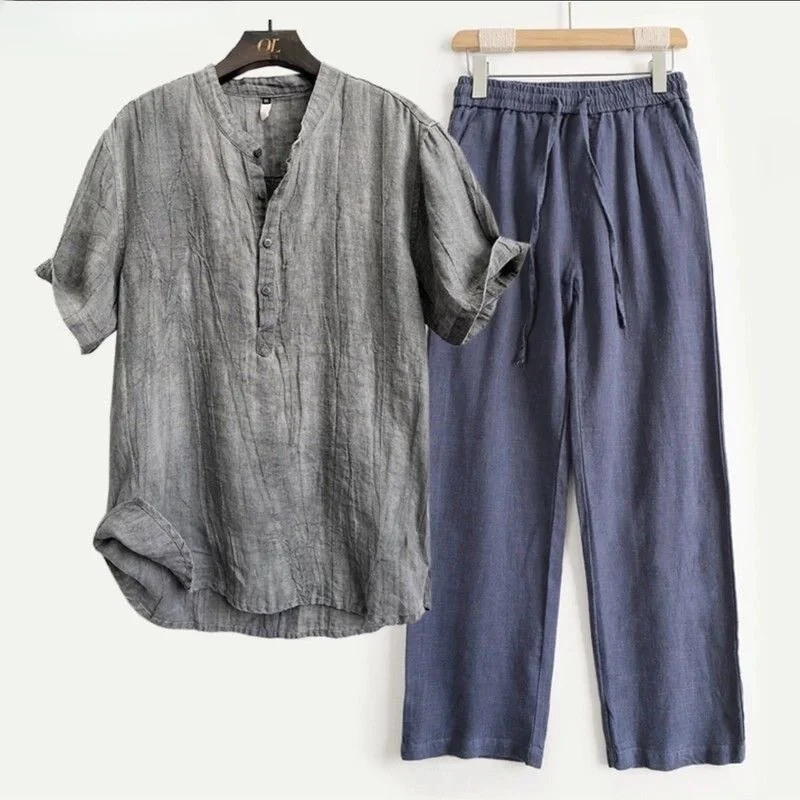 Gray top + navy blue pants