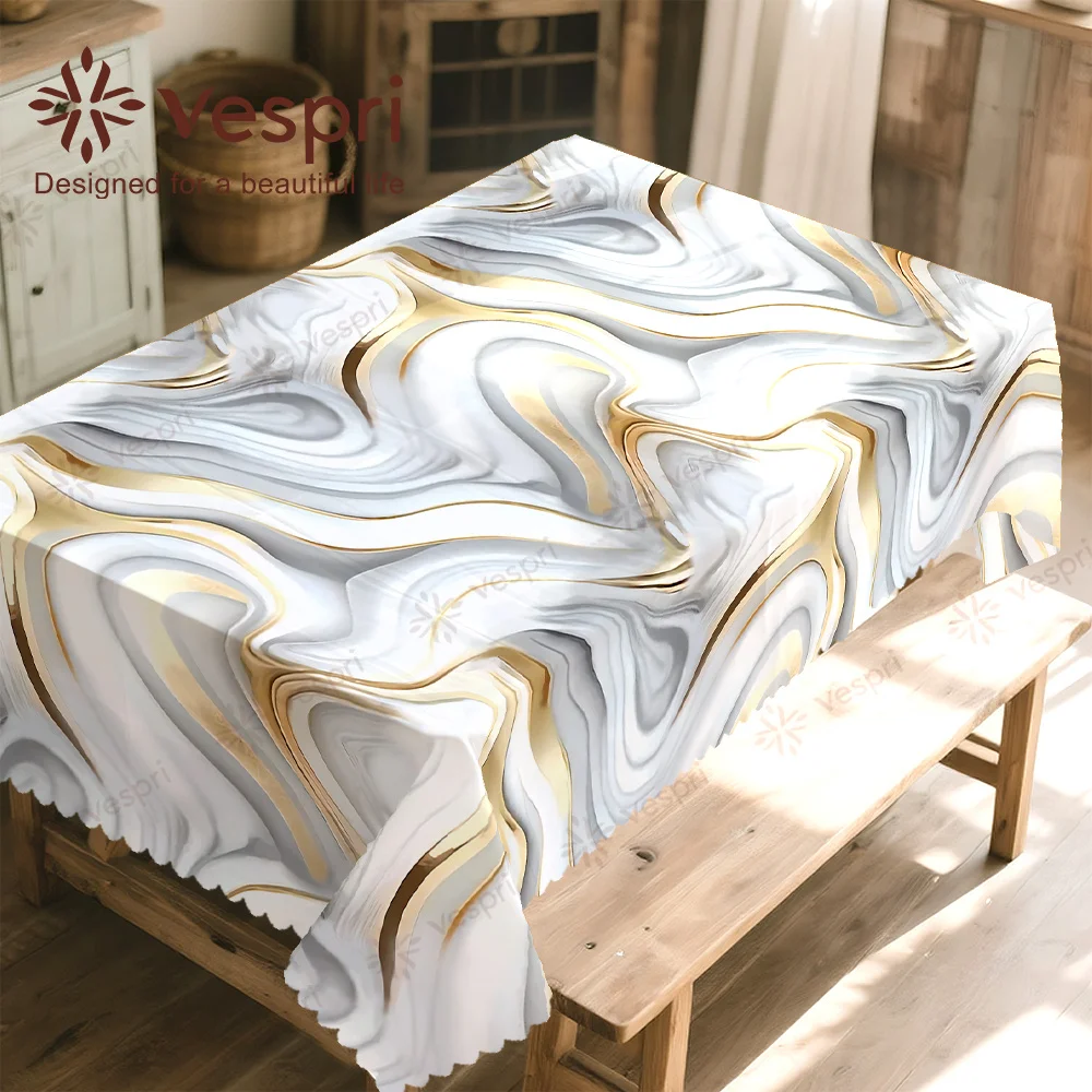 Geometric tablecloth, white and gold decoration, irregular stripes
