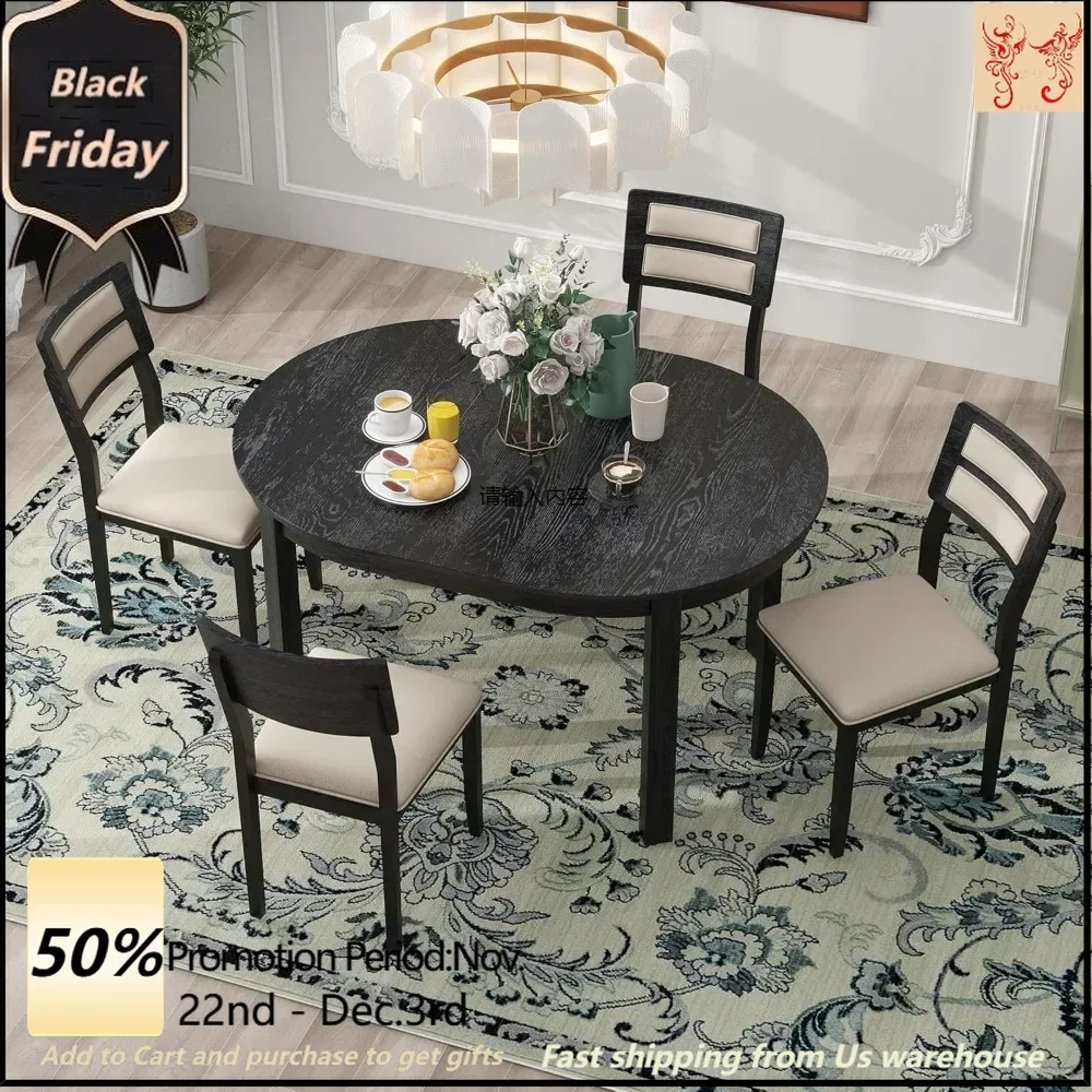 

Round dining table set for 4 people, 5-piece extendable kitchen table and chair set of 4 with 4 upholstered chairs and 2 drawers