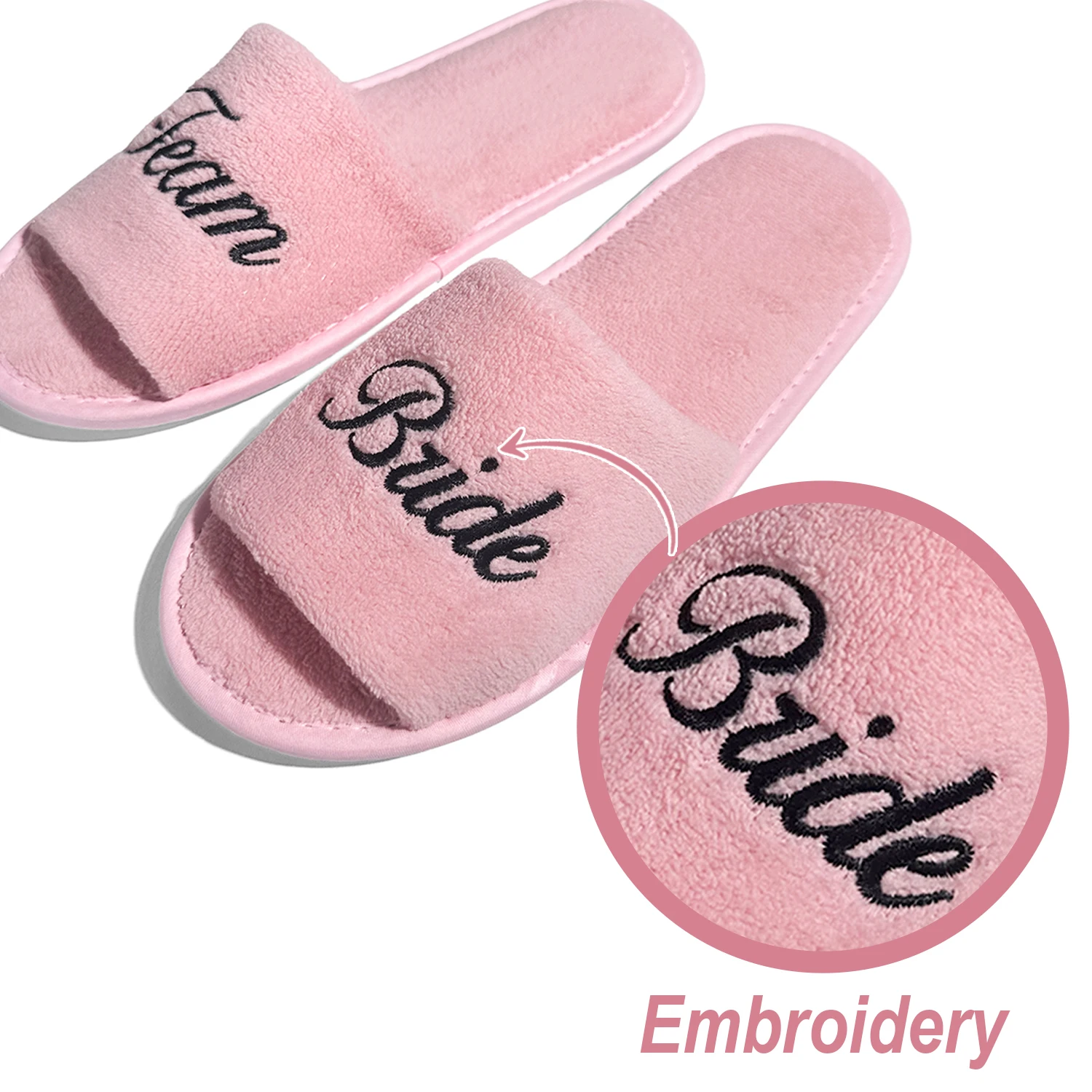 Pink Bridesmaid & Team Bride, Wedding Party Guests Home Slip On Shoes Bridal Party Slippers Set, Open-toe With Black Embroidery