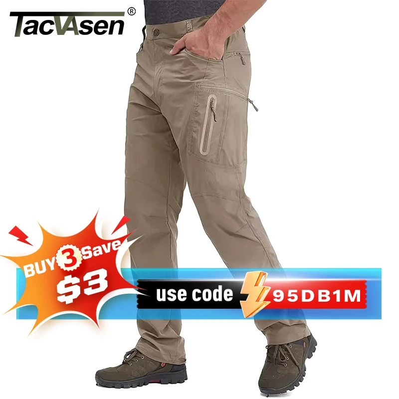 TACVASEN Summer Lightweight Trousers Mens Fishing Pants Outdoor Hiking Nylon Quick Dry Pockets Cargo Pants Casual Work Trousers