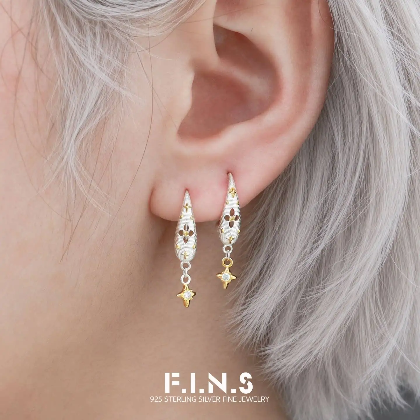 F.I.N.S Original Brushed S925 Sterling Silver Hook Earrings Elegant Screw Bead Color Separation Gold Star Piercing Ear Drops