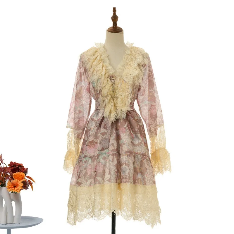 

Vibrant Retro Print Embroidered Heavy Lace Slimming Dr High Waist Long Sve Casual Thiened Cotton Fabric Two Colors