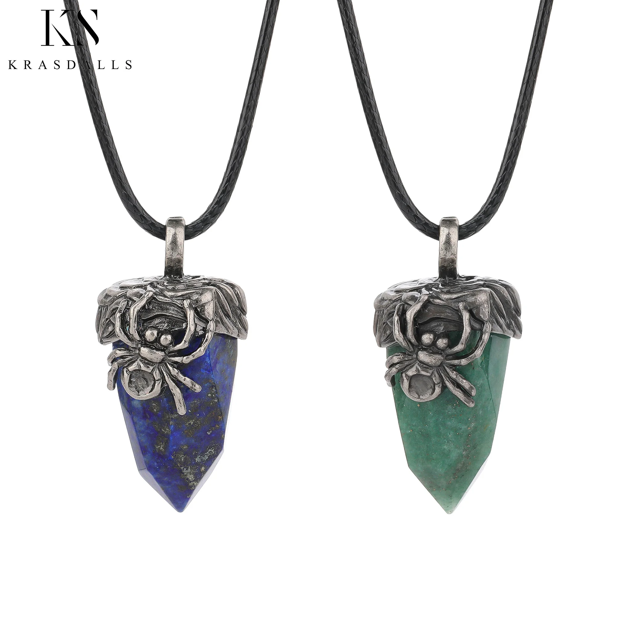 

Cone Faceted Antique Silver Color Pendant Natural Stone Green Crystal Lapis Lazuli Spider Women Men Necklaces Vintage Jewelry