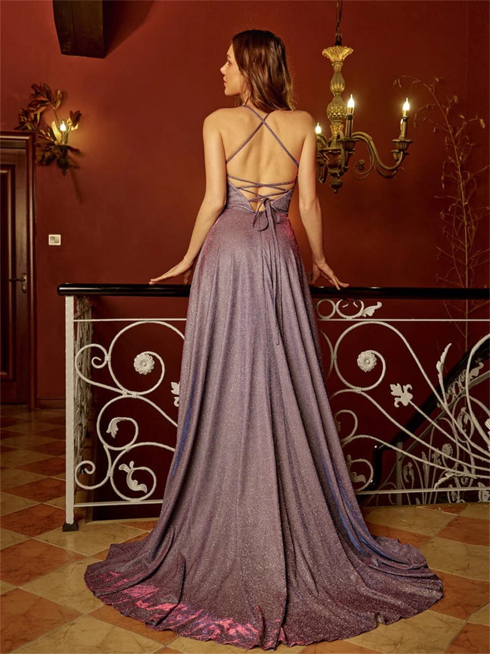 Gaun Prom Backless bertali Spaghetti elegan gaun malam Formal lantai belahan tinggi korset A-Line renda tanpa tali bahu