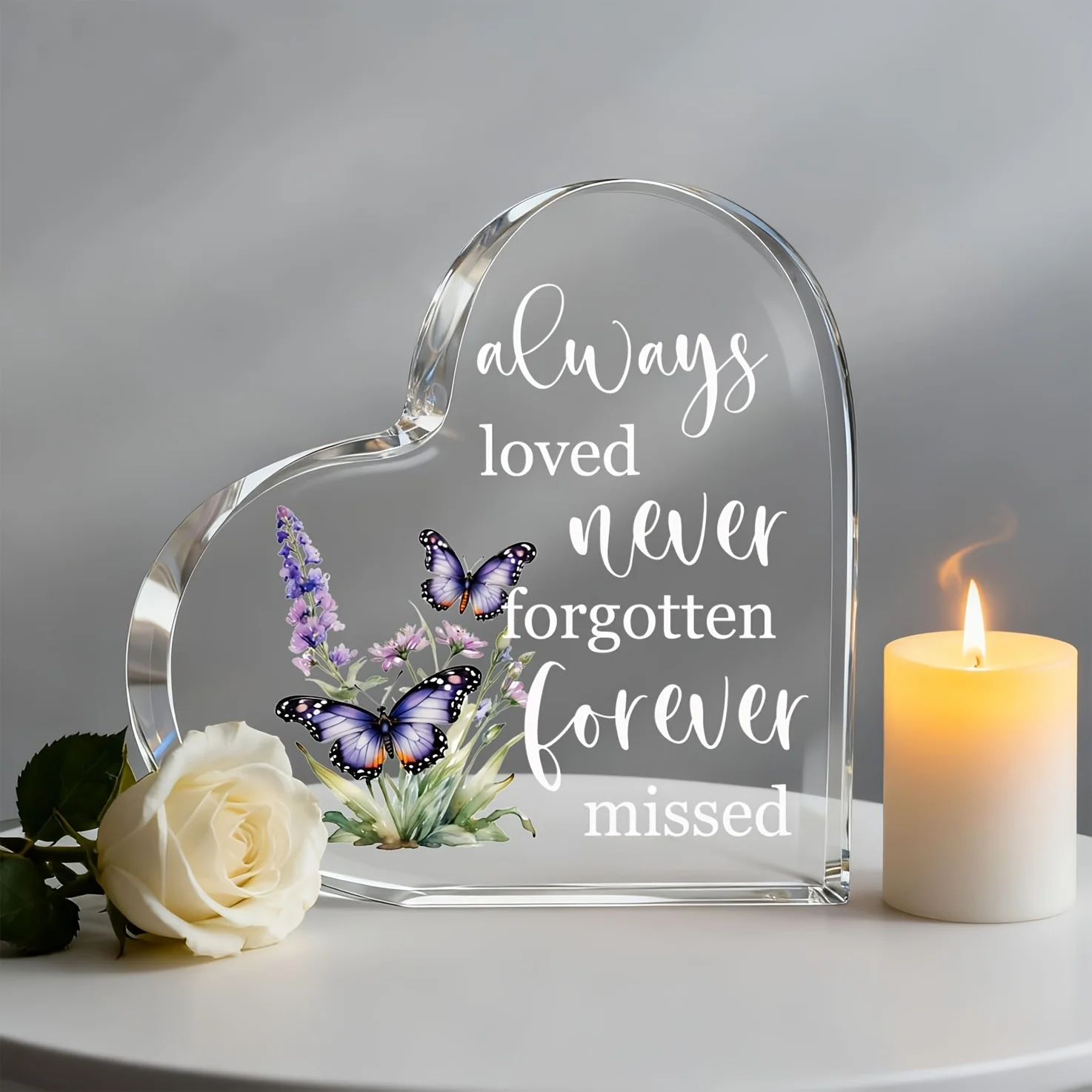 Always Loved Never Forgotten Forever Missed Heart‑Shaped Acrylic Tabletop Plaque, Purple Floral Butterfly Memorial Desktop Decor