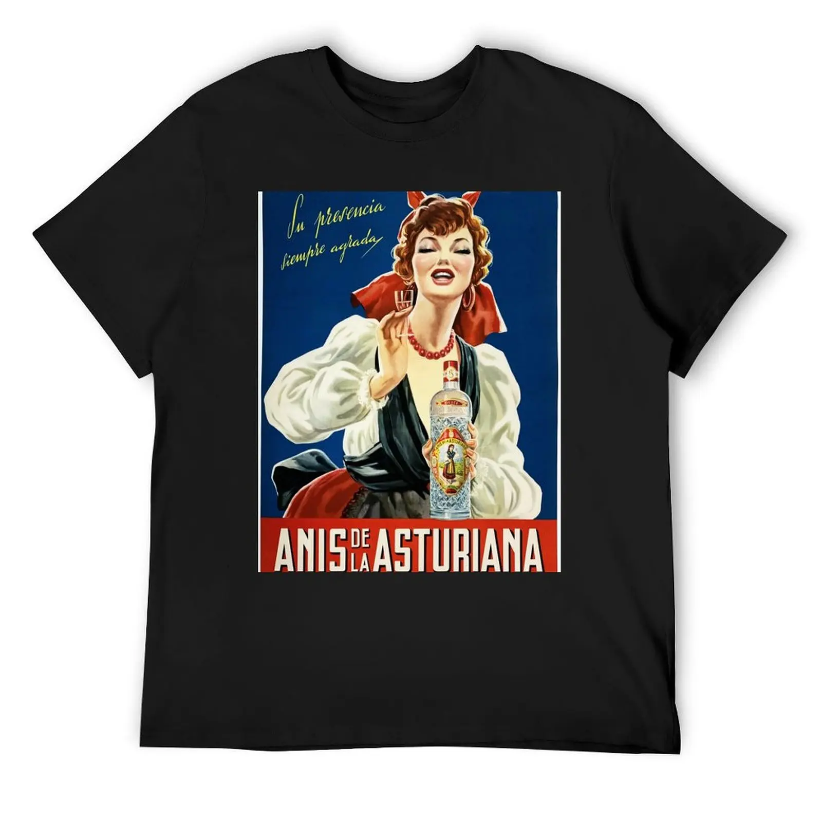 Anis De La Asturiana español Anís Vintage vino licor publicidad camiseta camisas de moda negro liso camisetas hombres