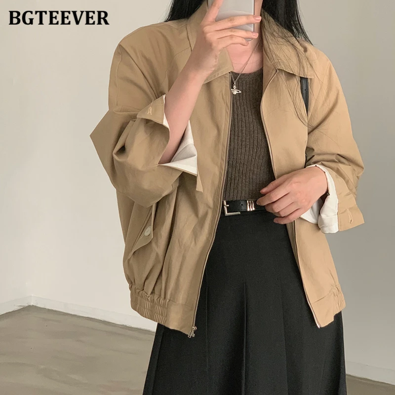 BGTEEVER Casual Loose Pockets Female Zipper Up Basic Jackets Autumn Fashion Lapel Full Sleeve Women Solid Coats Ladies Outwear