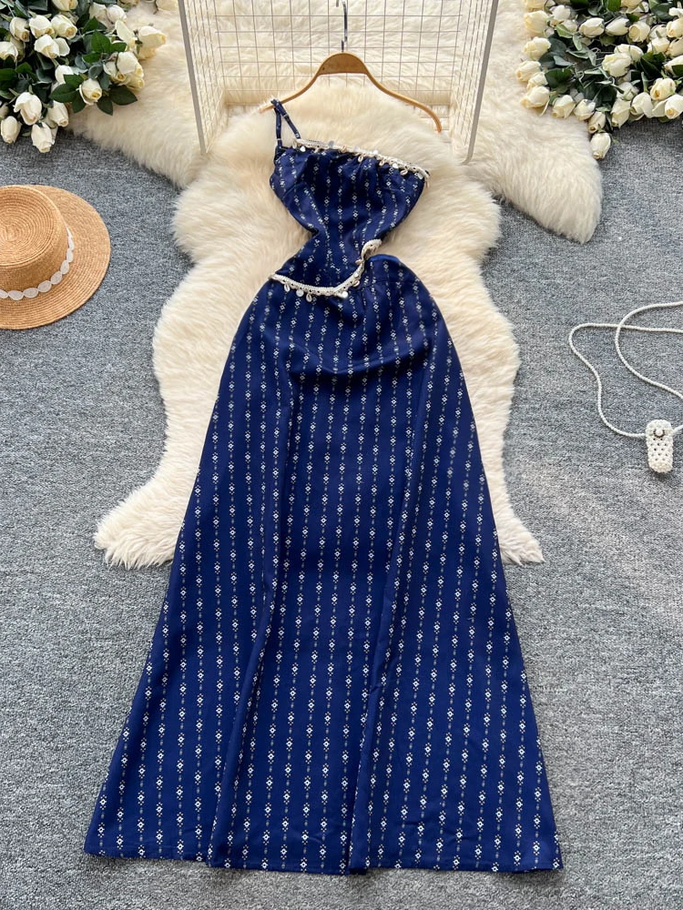 Czysta Urok Odkryte Ramiona Nadruk na Ramiączkach Damska Letnia Sukienka Wakacyjna z Wąską Taliaą Długa Spódnica Koreański Styl Wysoki Stan...