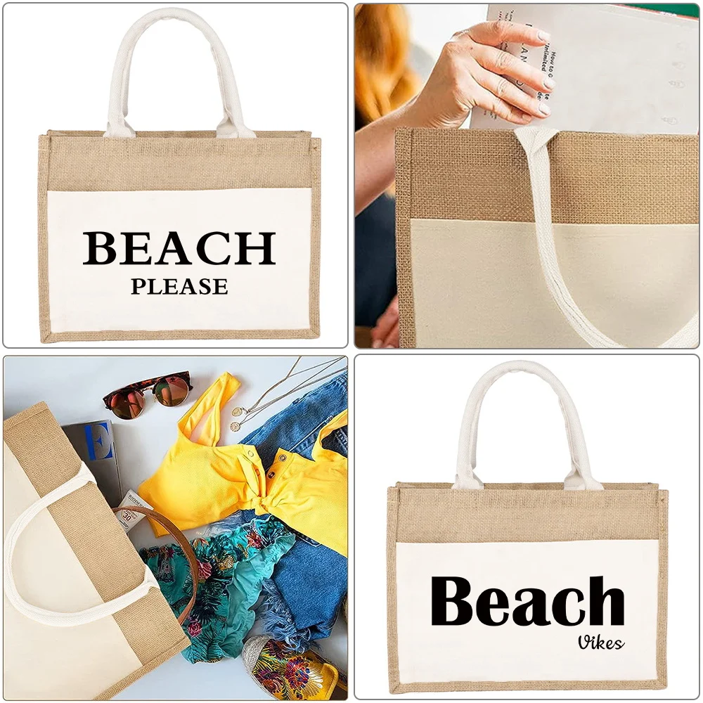 

Burlap Jute Tote Bags Eco Shopping Bag Portable Beach Grocery Shoulder Bags Beach Series Reusable Shopper Organizers