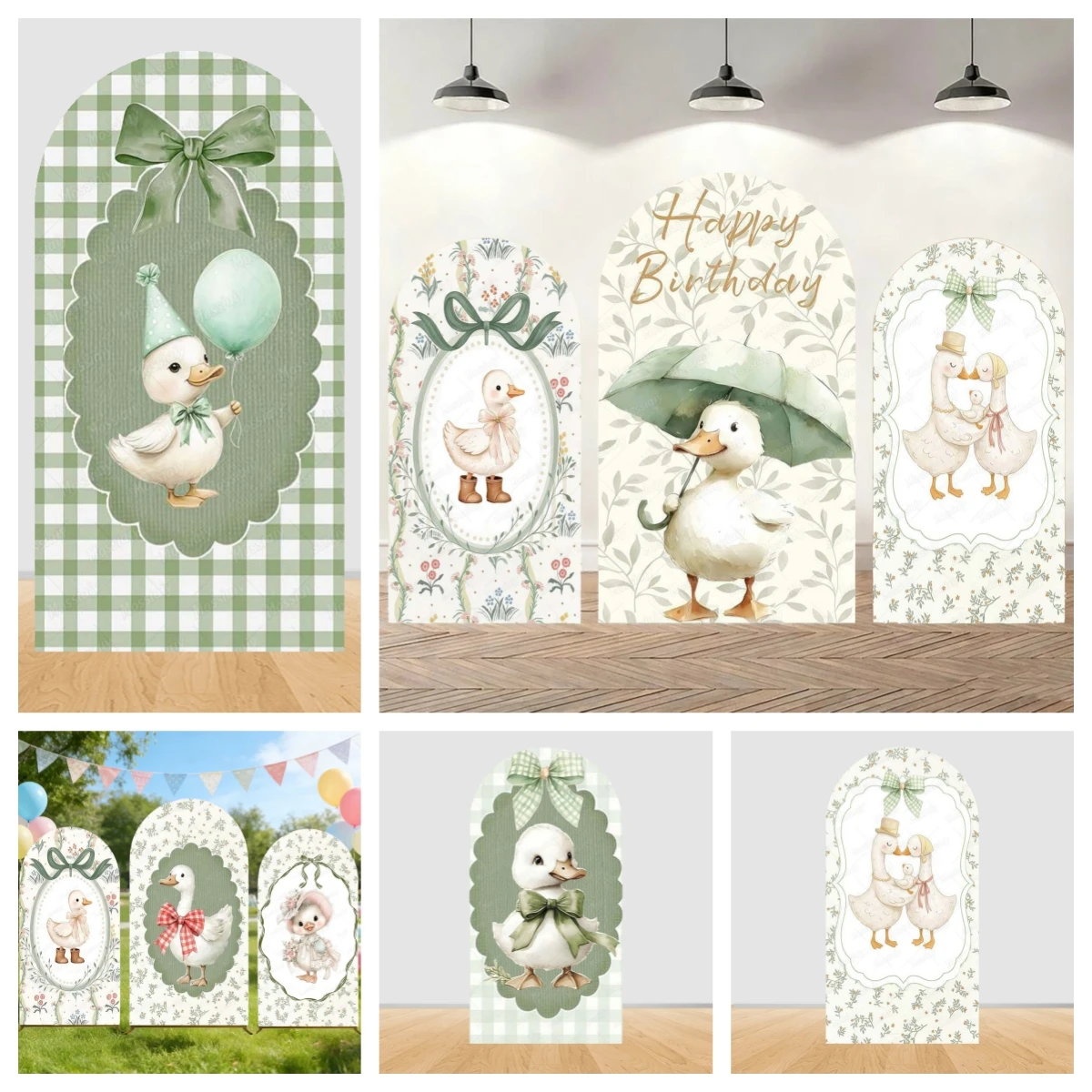 Housse de toile de fond personnalisée double face pour arche, motif 'One Silly Goose' et carreaux verts, pour fête d'anniversaire d'enfants, baby shower, décoration de fond d'arche Chiara