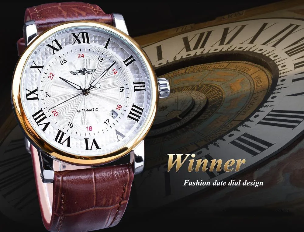 Fashion Winner Top Brand Luxury Men's Genuine Leather Calendar Fully Automatic Mechanical Business Gifts Wrist Watches