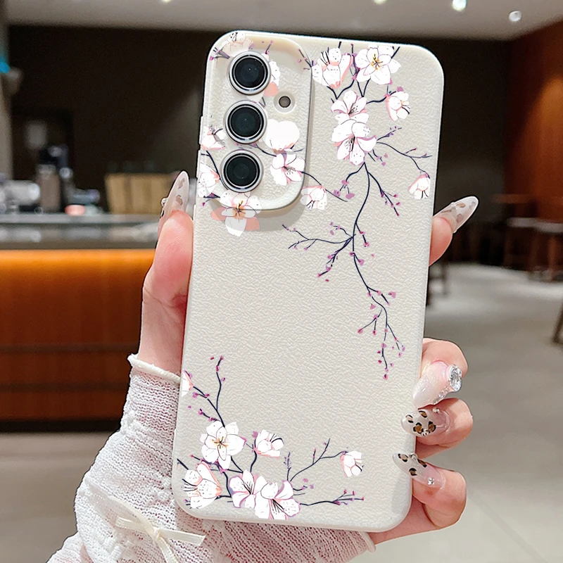 Blumendruck-Hülle für Samsung Galaxy S25 Edge S24 FE S23 S22 S21 Ultra Plus A17 A56 A55 A54 A36 A15 A16 5G Lederstruktur-Abdeckung