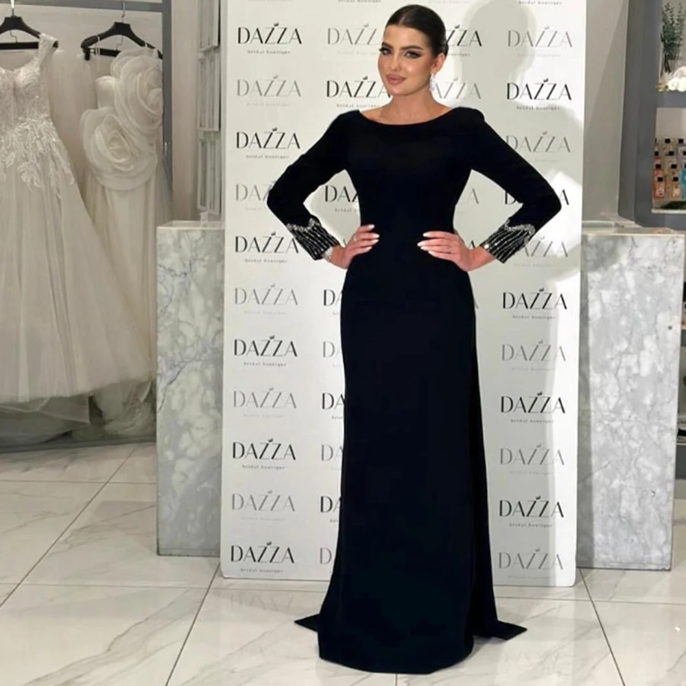 

Customized Black O-neck Jersey Straight Formal Evening Dresses Sequined Full Sleeves Watteau Train Floor Length Party Prom Gowns