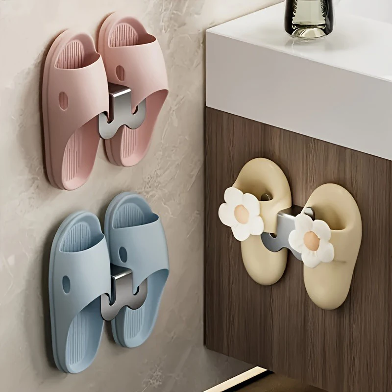 1Pc No Punching Bathroom Shoe Rack Wall Mounted Slipper Rack Slipper Drying Hook Simple Door Back Foyer Hanging Rack