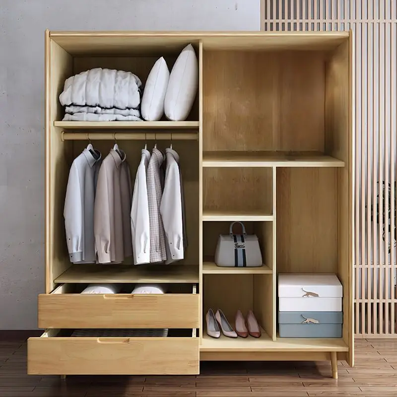 Log sliding door wooden bedroom glass large wardrobe Nordic solid wood wardrobe modern simple home