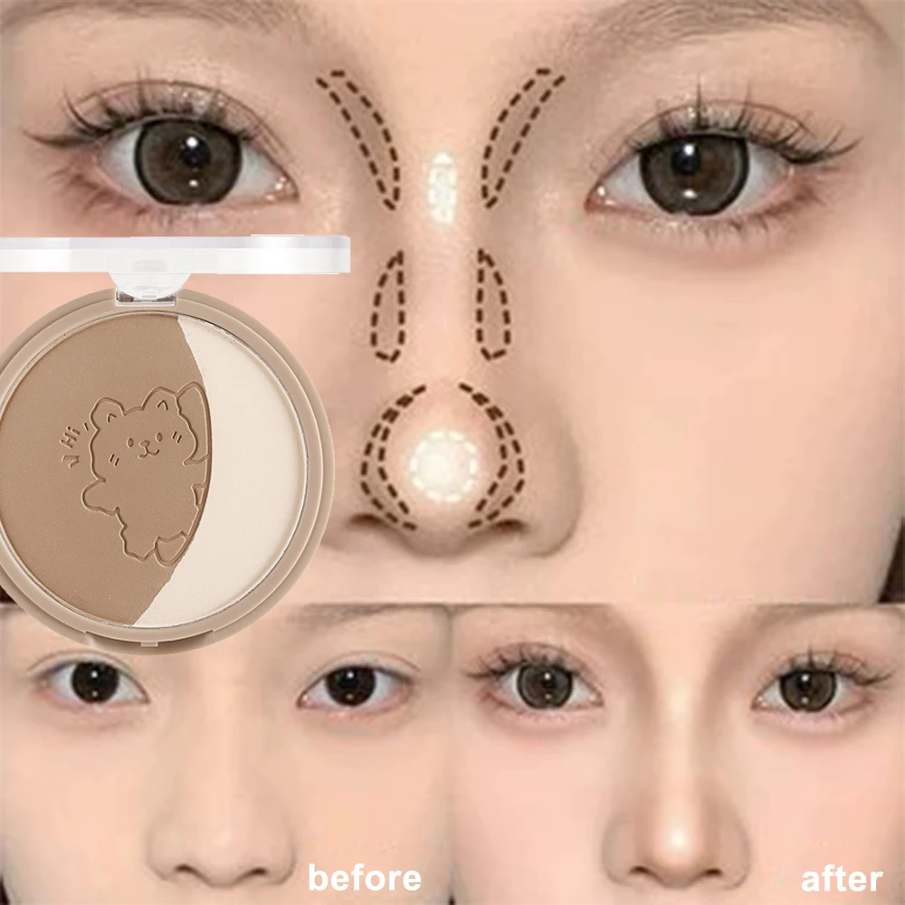 Two-color Contouring Powder Palette Waterproof Highlighting&Bronzer Brighten Contour 3D Nose Shadow Brighten Face Lasting Makeup