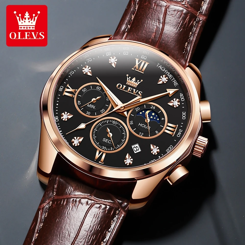 OLEVS 2888 Fashion Men Watch Multi-function Chronograph Dial Calendar Window 24-hour Moon Phase 30m Waterproof Night Light Watch