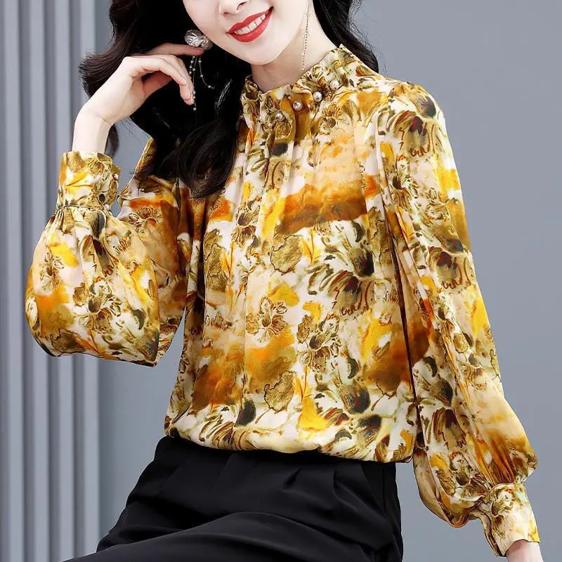 Women\'s High Quality Satin Ruffled Beaded Elegant Blouse Female Vintage Fashion Floral Print Shirt Long Sleeve Loose Tops Blusas