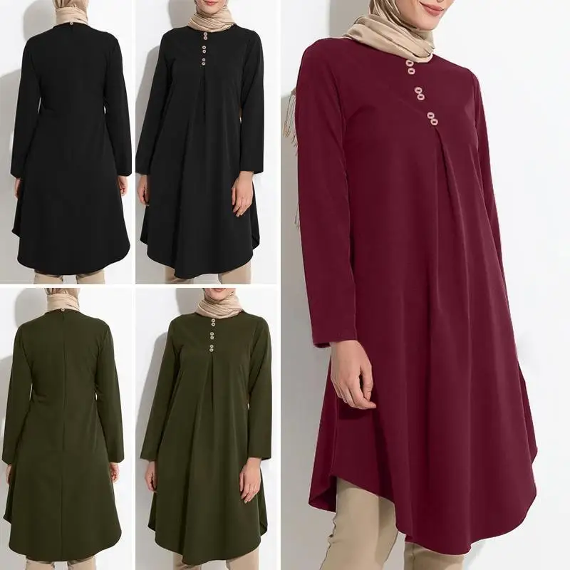 2024 Muslim New Women's Solid Color Button Splicing Fashion Casual Long Sleeve Swallowtail Large Swing Dress