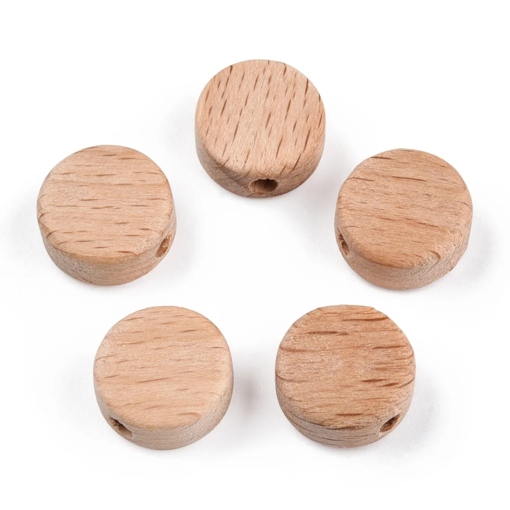 500Pcs Beech Wood Beads Flat Round Wooden Coin Disc Loose Spacer Beads for Jewelry Craft DIY Necklace Bracelet Decor 14~15x7mm