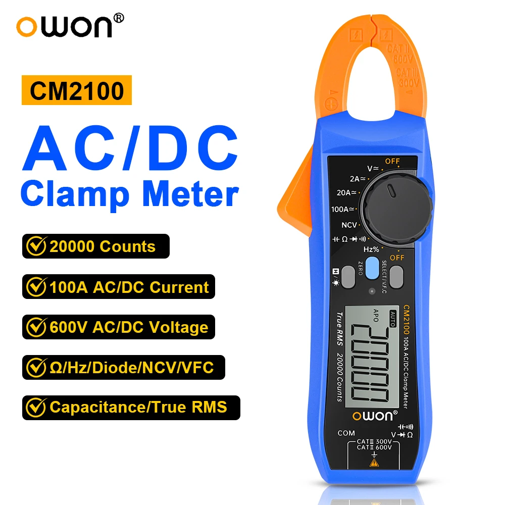 OWON CM2100 High-Precision Clamp Meter AC DC 100A Current True RMS VFC Digital Multimeter 20000 Counts Pliers Ammeter Tester