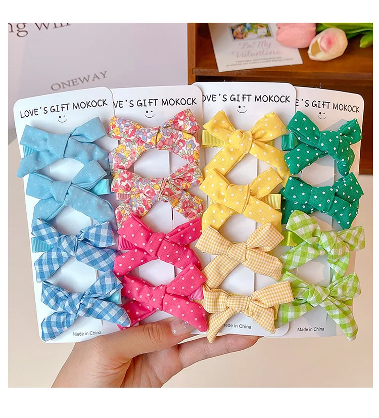 2026 4PCS/Set Kids Hair Clips Gingham Floral Bow Hair Barrettes No Hurt Hair Non Slip Soft Fabric Toddler Girls Accessories Gift