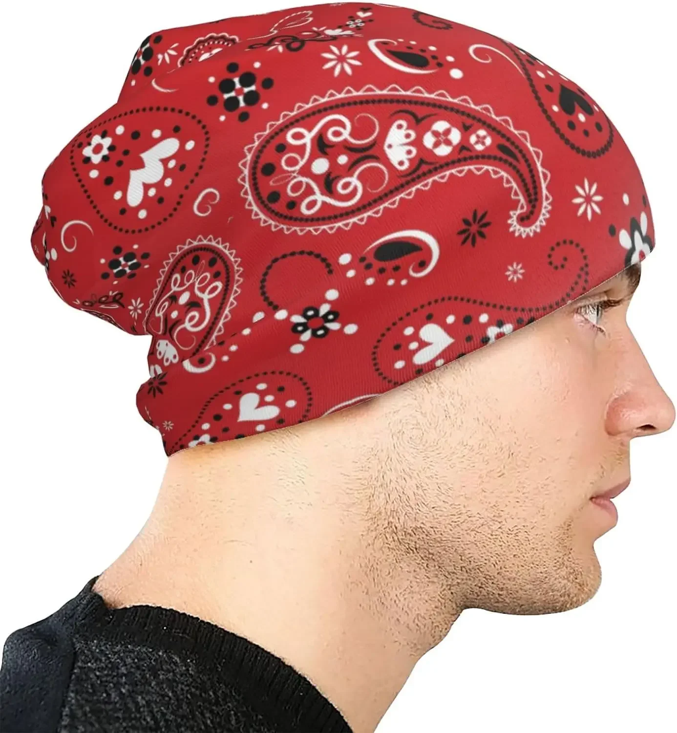 Red Funny Paisley Pattern Print Beanie Hat Knit Hat Skull Cap Slouchy Warm Headwear for Jogging Cycling Adult Casual Polyester