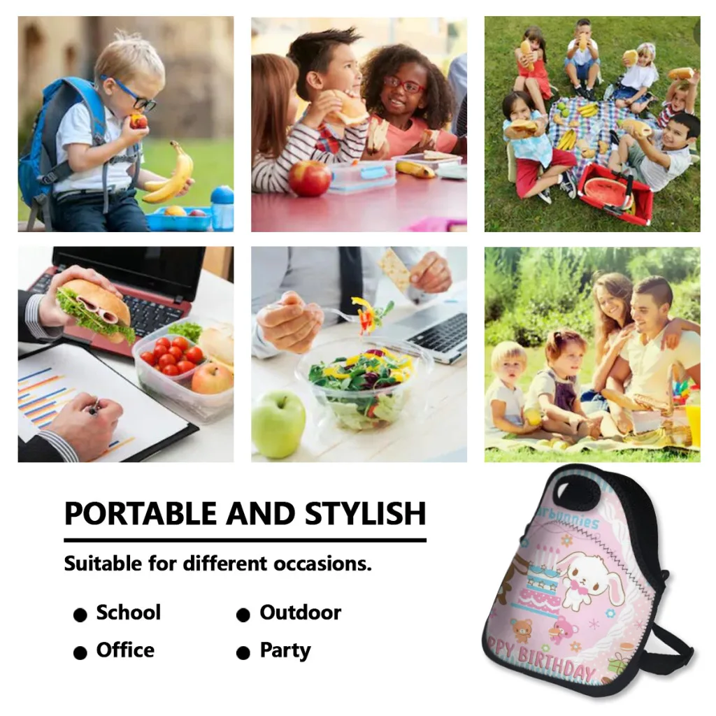 Sugarbunnies Portable Lunch Bag for Children Food Thermal Box Durable Cooler Lunchbox with Shoulder Strap Picnic Bag