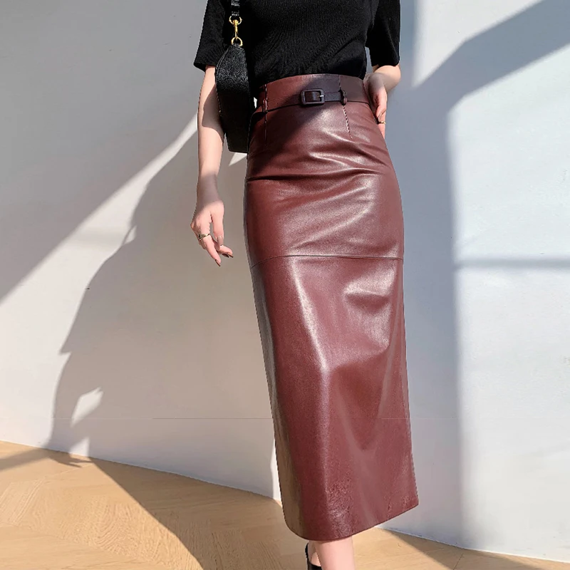 

Genuine Leather First Layer Sheepskin Skirt for Women 2024 Fall Winter Elegant Ladies High Waist Belt Split Long Straight Skirt