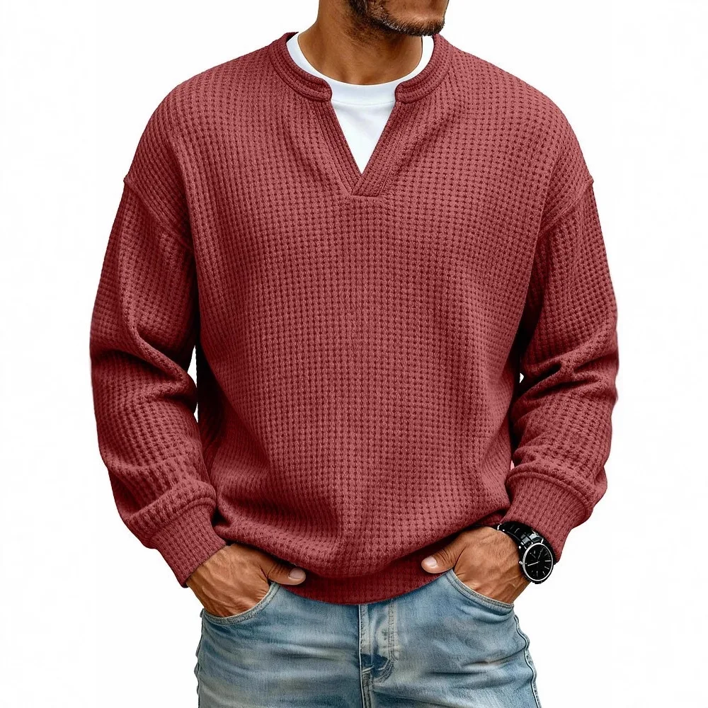 2026 Men's Waffle Knit Long Sleeve Polo Shirt Casual Textured T Shirt Slim Fit Pullover Top Spring Summer Streetwear Men's Polos