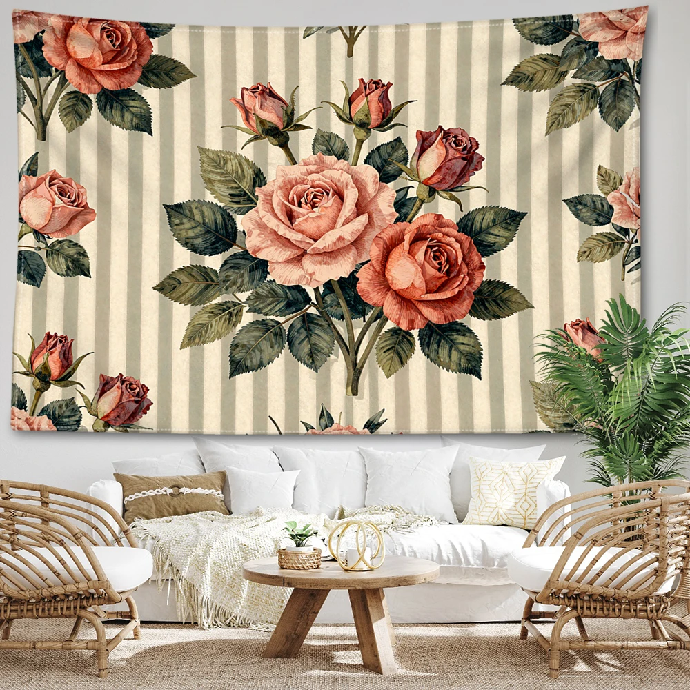 Cream Stripe Rose Floral Printed Tapestry Wall Hanging Bohemian Style Bedroom Home Decor