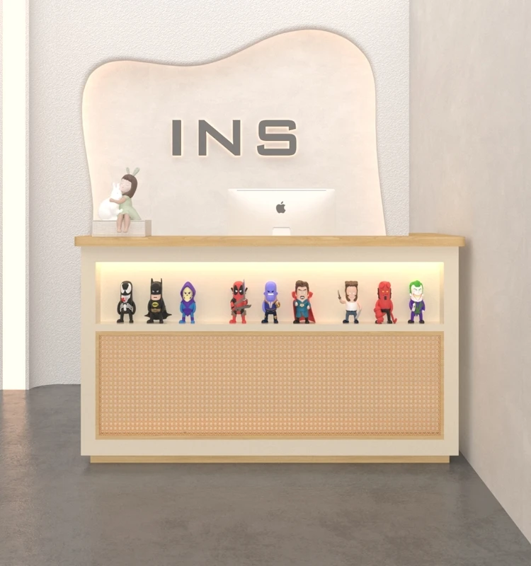 #￥Modern Women's Clothing Store Reception Desk Small Solid Wood Counter with Simple Rattan Paint for Office Building