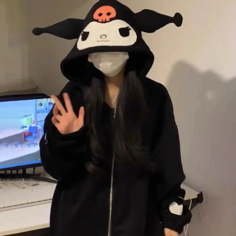 Sanrios Kuromi زمم هوديي النساء Y2K Kawaii المخملية سترة الرجال النساء الخريف الشتاء جديد فضفاض زوجين سترة سستة القمم العصرية