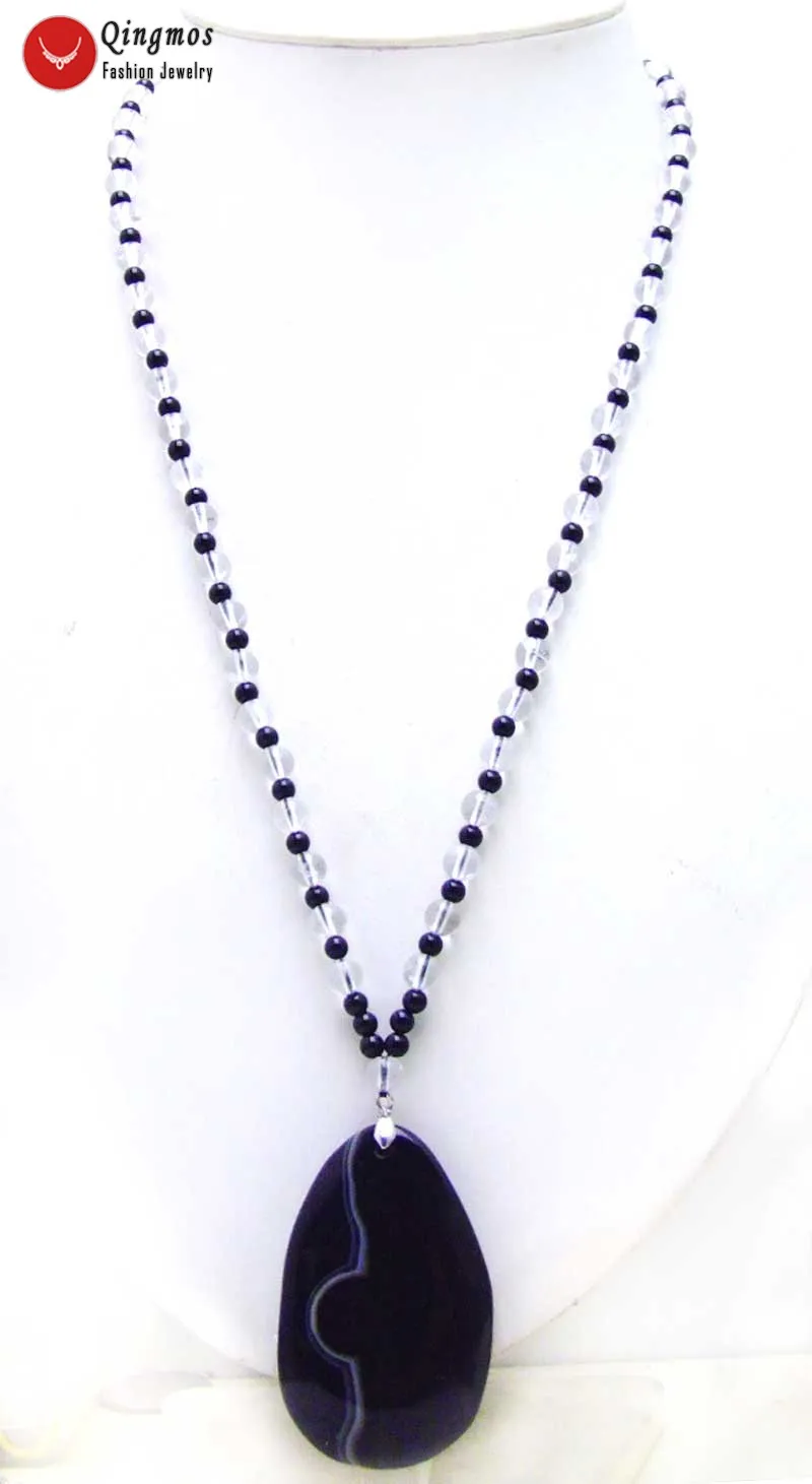 Qingmos 40*60mm Oval Natural Black Agate Pendant Necklace for Women with 6mm Crystal and Black Agate Necklace Long Necklace 20