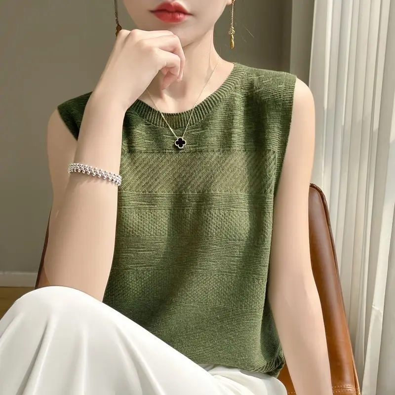 

Elegant O-Neck Solid Color Sleeveless Casual T-Shirt Summer New Korean Pullovers Tops Office Lady Tee Shirt