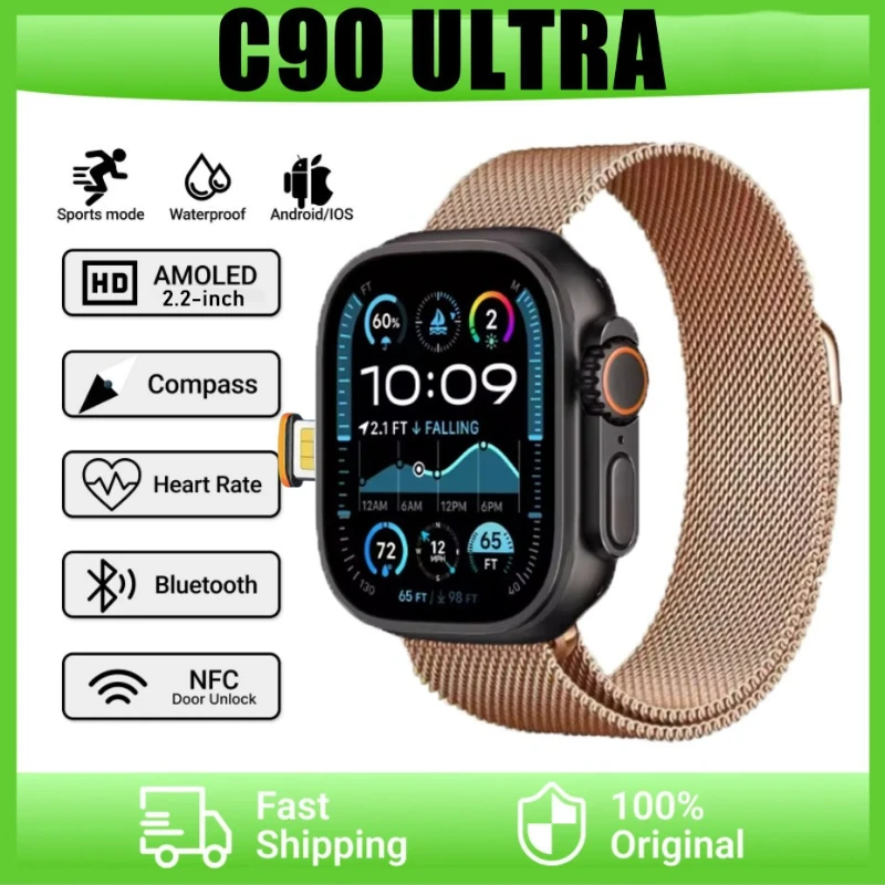

Сетевая SIM-карта c90 ultra 5G, 21 дюйм Amoled GPS, WIFI, умные часы с глобальным вызовом, мужские умные часы Ultra s10 Android 90 отлично