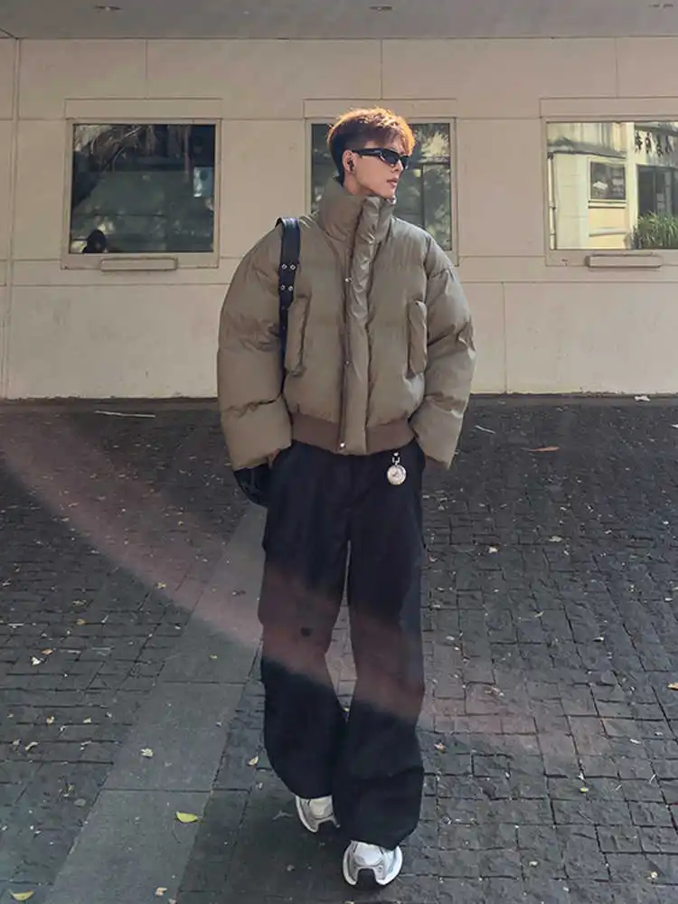 

Коричневая хлопковая куртка в корейском стиле для мужчин, с воротником-стойкой, из искусственной кожи, повседневная, теплая верхняя одежда