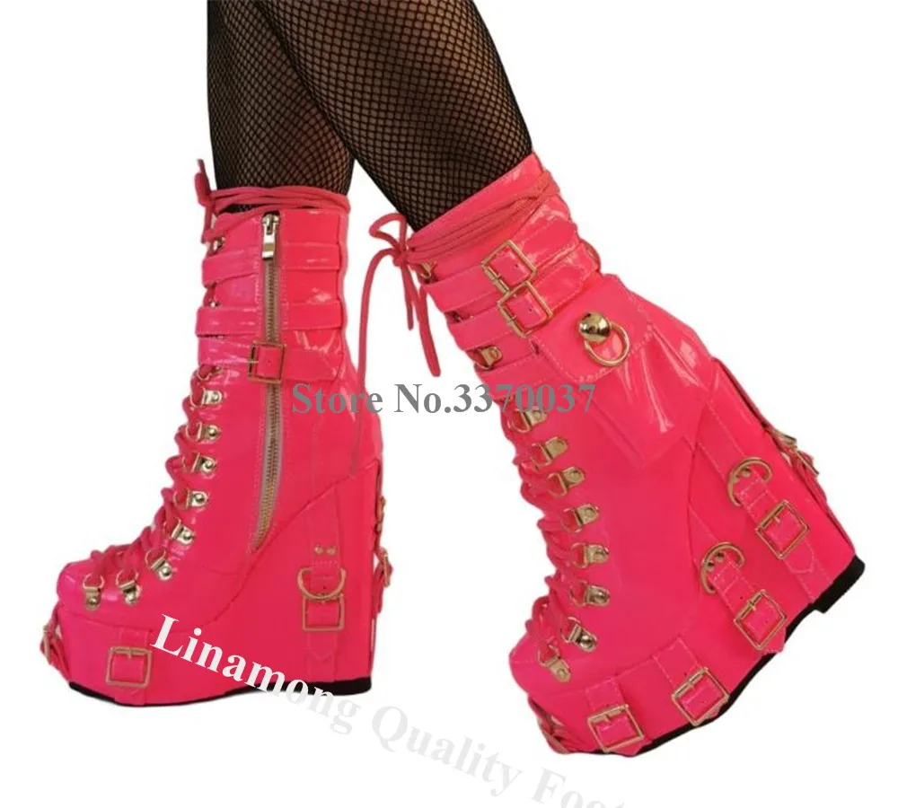 

Linamong Sexy Metal Buckles Short Wedge Boots Round Toe Lace-up Pink Black Patent Leather High Platform Wedge Ankle Booties