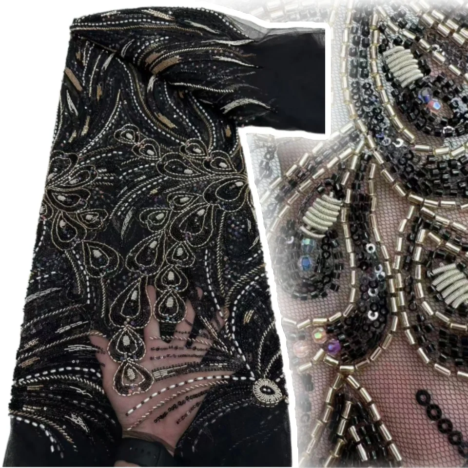 

Роскошная изысканная африканская кружевная ткань с бисером, 2025 г., нигерийская французская тюль с блестками, кружевная ткань для шитья праздничного платья, 5 ярдов, TP1564