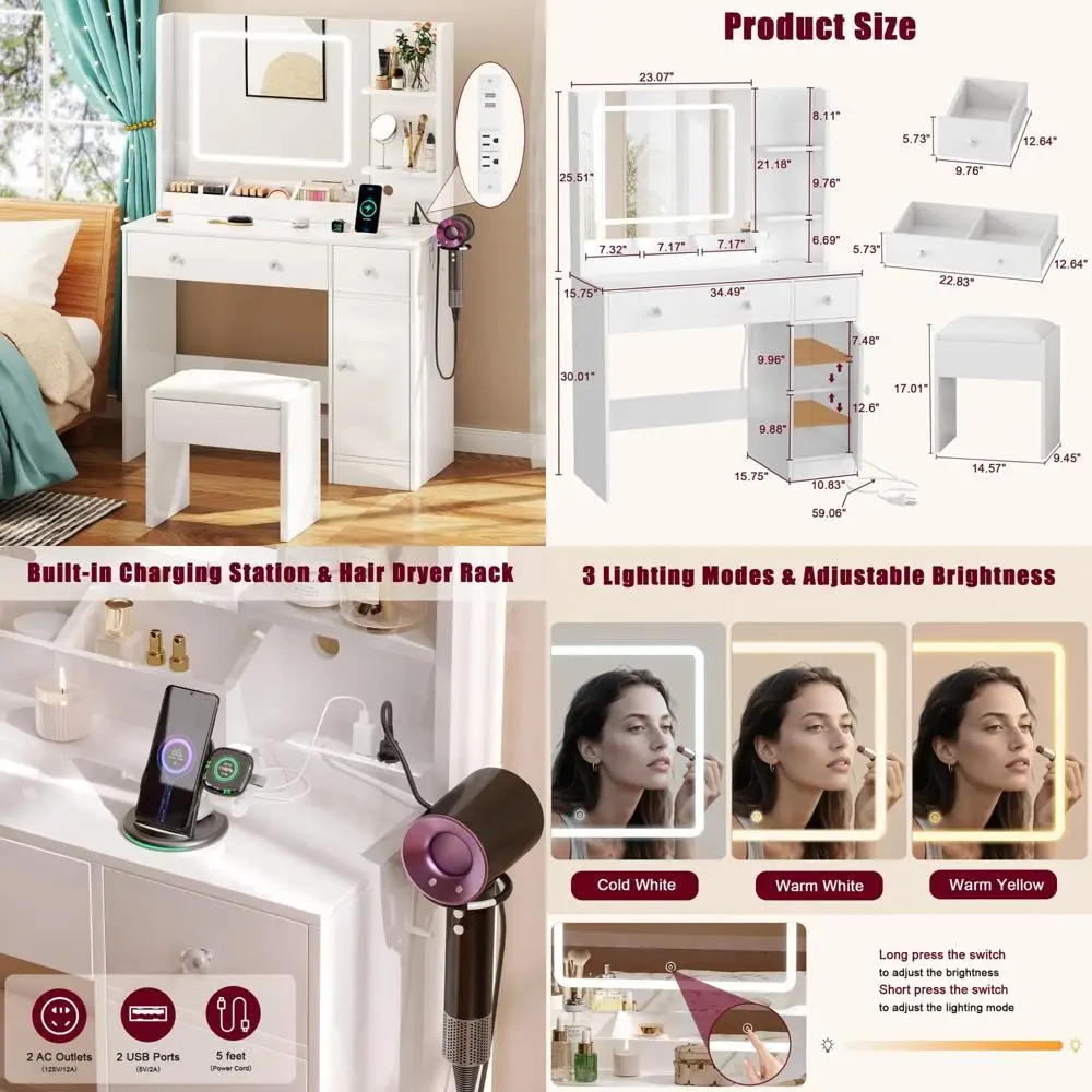 조명 거울이 있는 고급 화장대, 3색 LED 화장대 세트, 서랍이 있는 흰색 수납 책상, 메이크업 스테이션