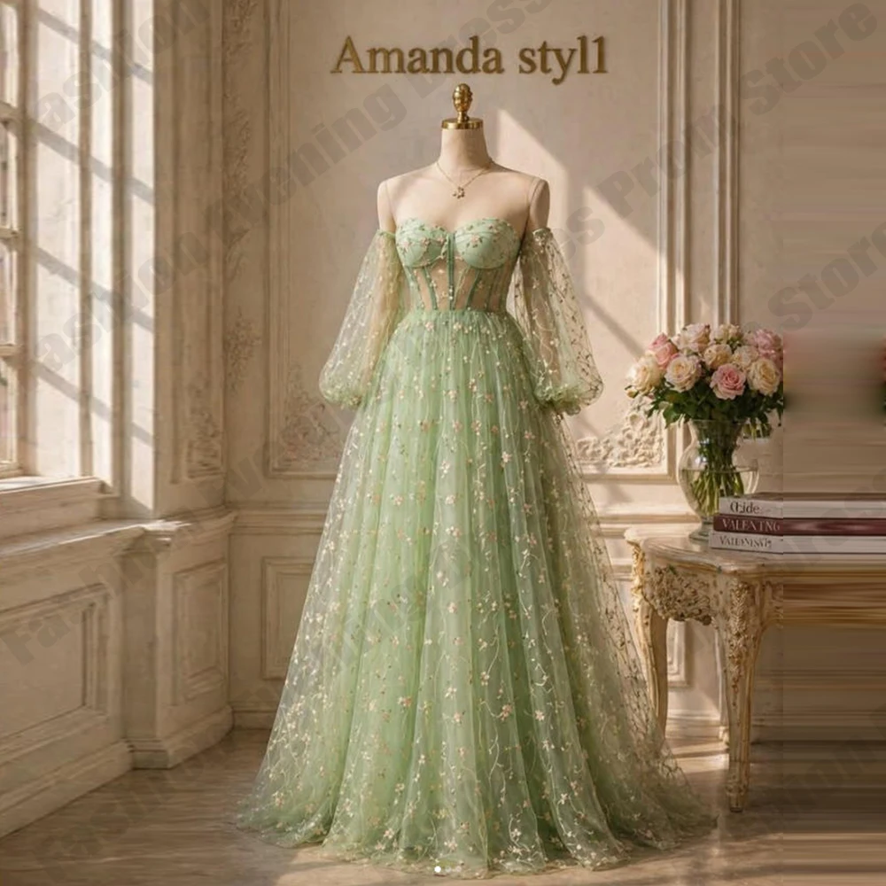 

2026 Green Prom Dresses Lace Elegant Lantern Sleeve Princess strapless Princess Evening Dress Formal Beach Party Gown Customized