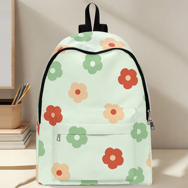 Floral Print Mint Green Backpack with Red Green Flowers Durable Foldable Fabric Adjustable Shoulder Straps Multiple