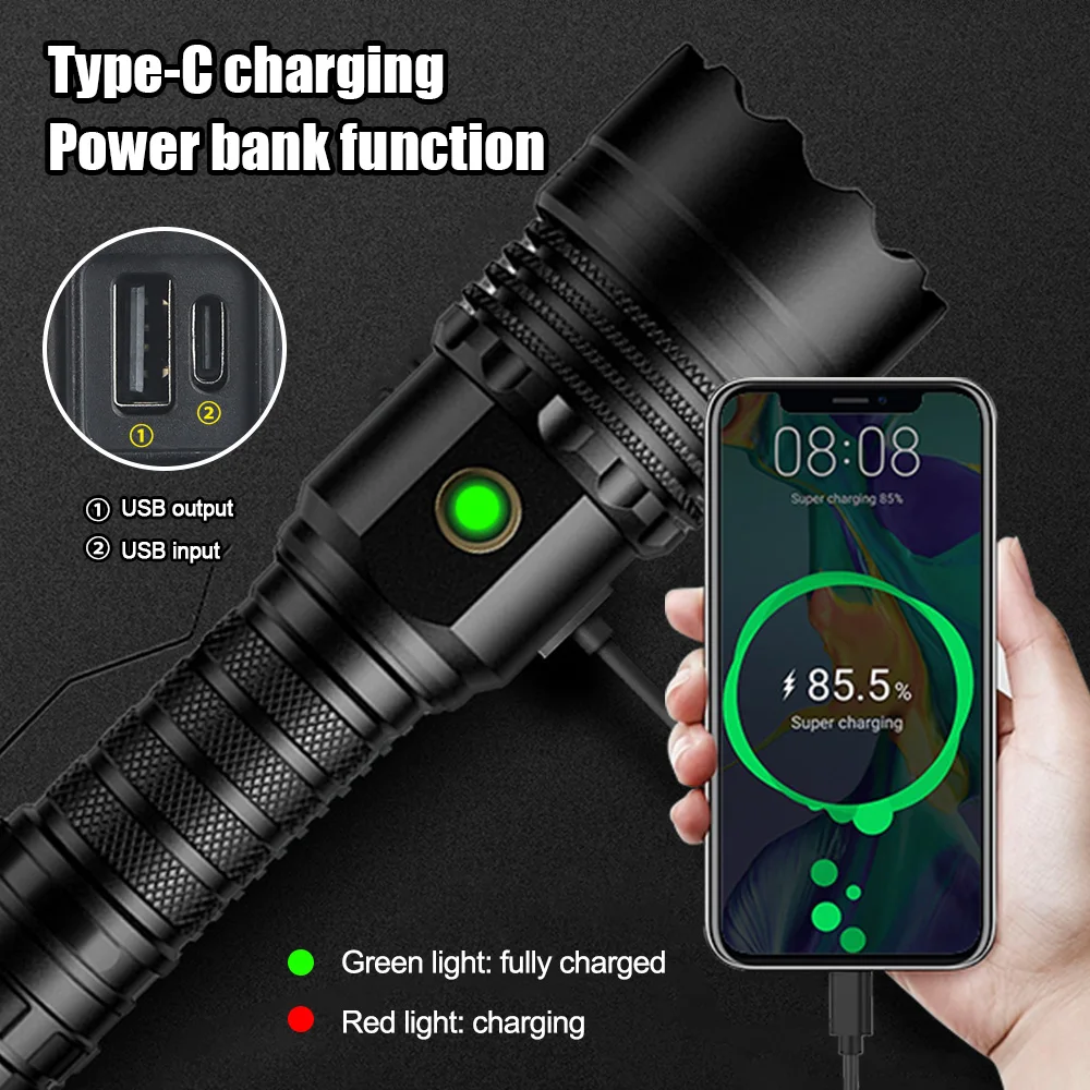 Powerful 10000lm 4 CORE LEP White Flashlight Adjustable Focus Type-C Fast Charging 5 Modes LED Toch for Outdoor Emergency