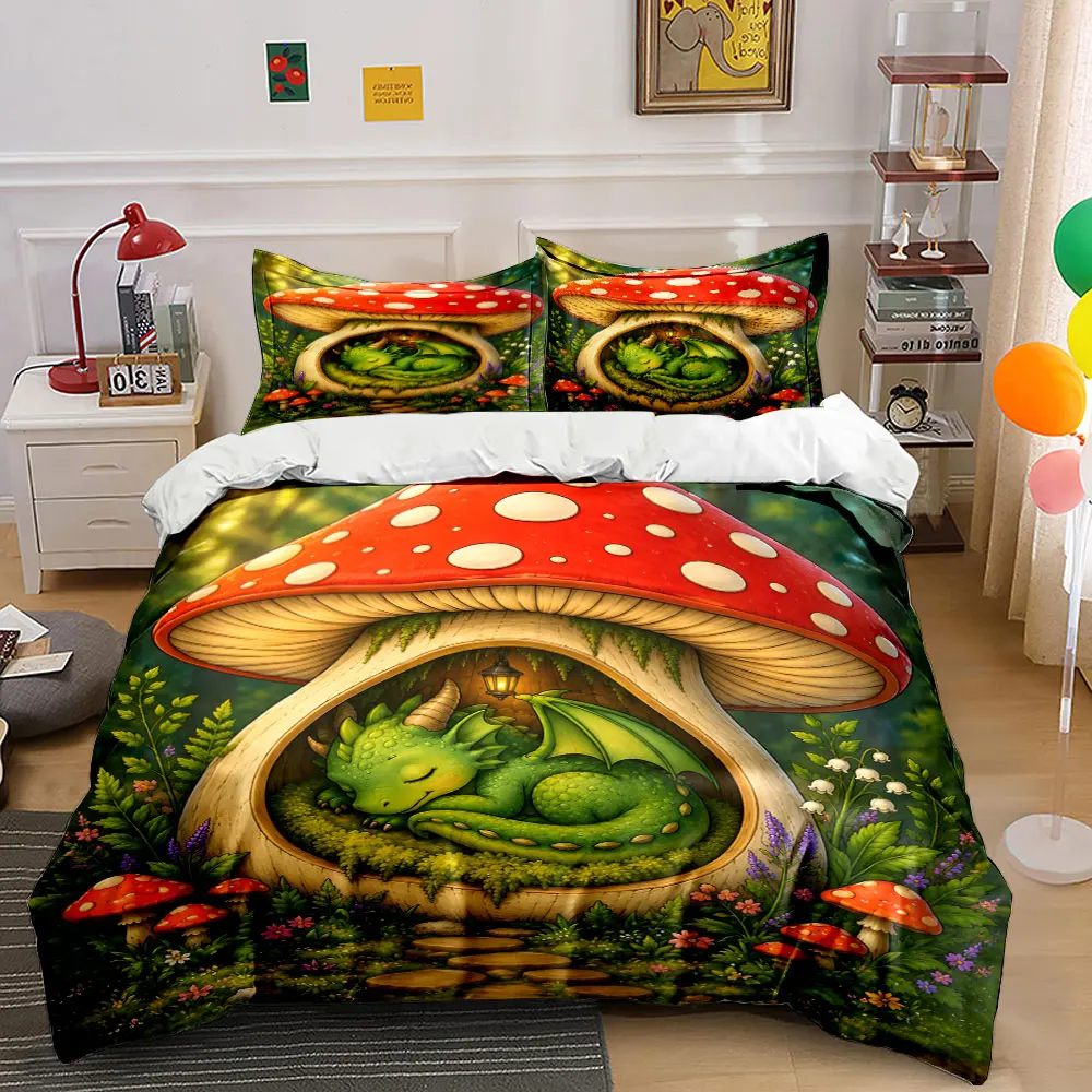 Cartoon Dragon Mushroom Forest Bedding Print Bedding Set 1 Duvet Cover 2 Pillowcases for Adult and Children Luxury Gift