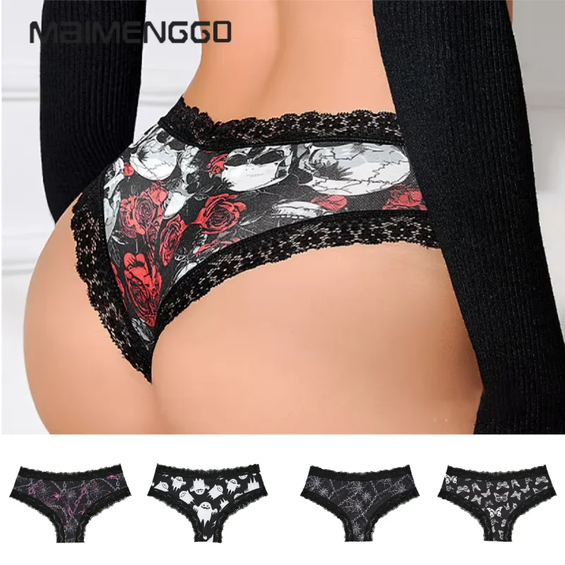 

MAIMENG 7pcs Underwear Women's Sexy Lace Edge Dark Gothic Style Rose Skull Personalized Comfortable Breathable Triangle Pants